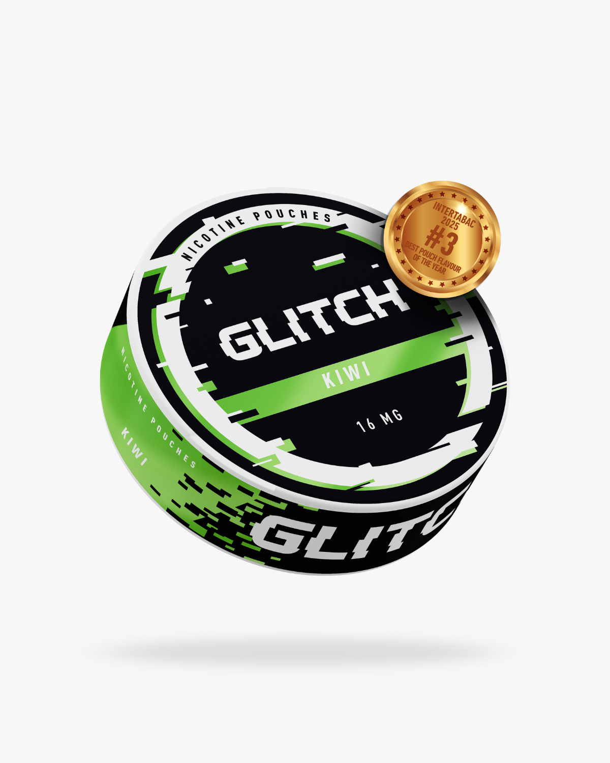 Glitch Kiwi Nicotine Pouches can, 16 mg strength, black and green design, with a gold medal showing Intertabac 2025 #3 Best Pouch Flavour of the Year.
