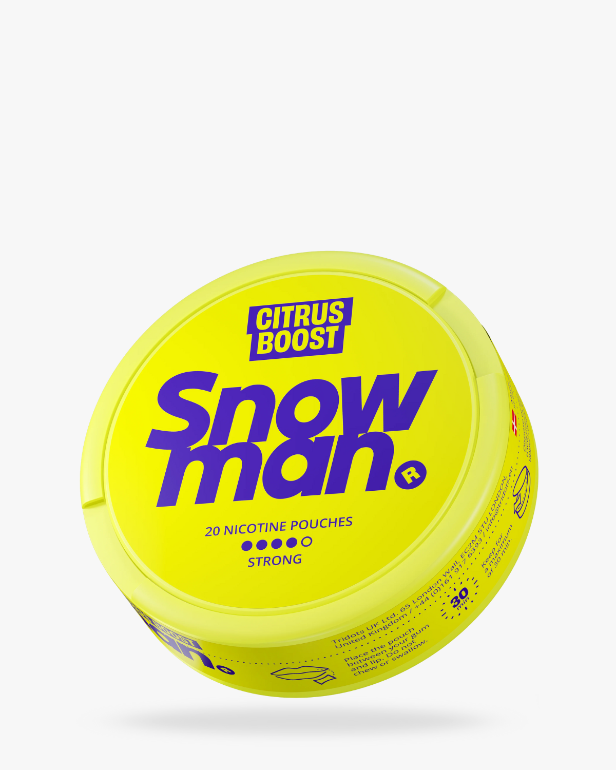 Snowman Citrus Boost Nicotine Pouch – bright yellow can with zesty citrus flavour.